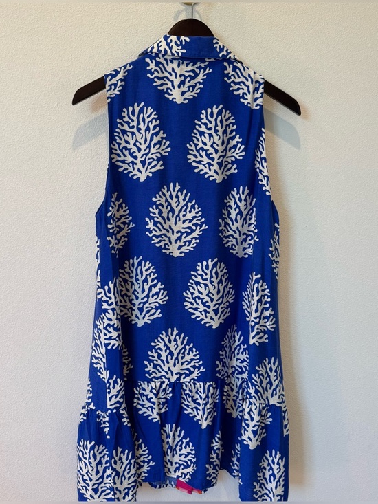 THML Blue Coral-Print Sleeveless Pleated Button Mini Dress Pink & Orange Trim - Picture 10 of 10